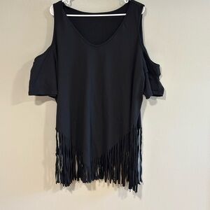Black Cold Shoulder Fringe Top